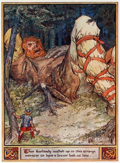 Thor camminò senza paura verso questo strano mostro per osservarlo meglio, illustrazione da 